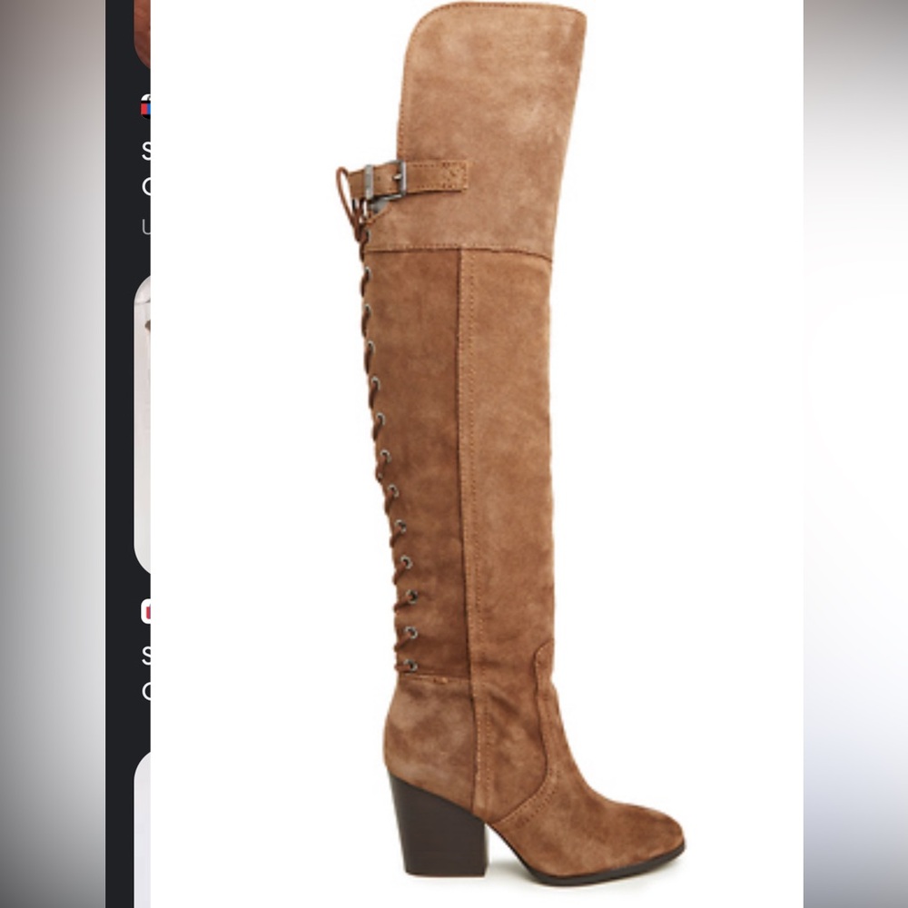 Sam Edelman Tan Camel Brown Suede Over the Knee Lace Up Heeled Boots Size 8 - Picture 3 of 9